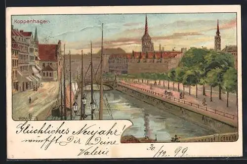 Künstler-Lithographie Richard Hegedüs-Geiger: Kopenhagen, Ortspartie am Kanal