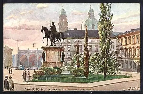 Künstler-AK München, Odeonsplatz mit Denkmal König Ludwig I.