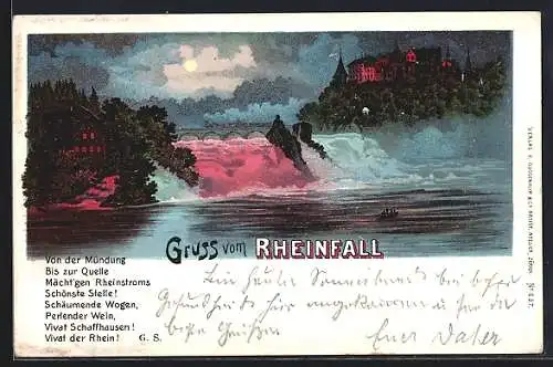 Lithographie Schaffhausen, Der Rheinfall im Lichte des Mondes