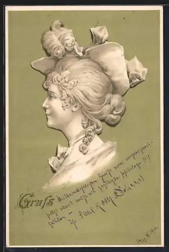 AK Jugendstil, Schöne Dame im Profil mit Locken und Halsschleife