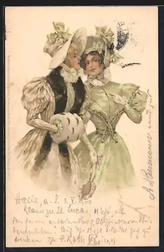 Künstler-AK Meissner & Buch (M&B) Serie 1065: Zwei elegante Damen mit Muff und Hut, Jugendstil