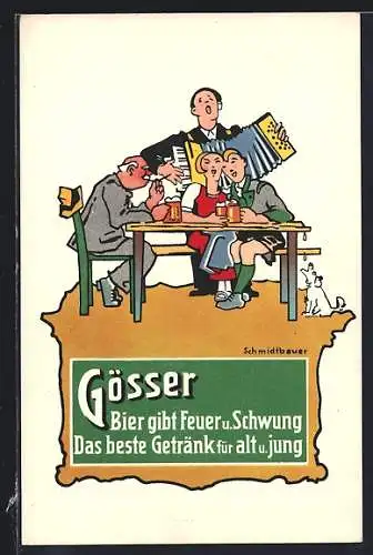 AK Steiermark-Austria, Brauerei-Werbung Gösser Brauerei A. G., Alter Herr u. junges Paar am Biertisch