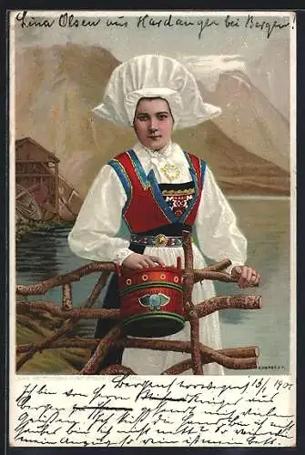 AK Norwegerin in Tracht am Fluss