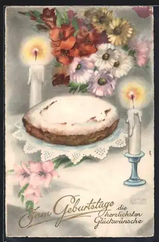 Künstler-AK Hannes Petersen: Geburtstagskerzen, Blumenstrauss und Kuchen