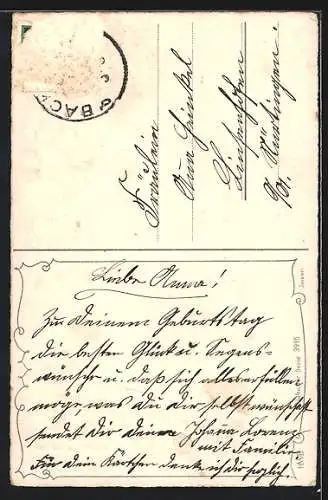 Künstler-AK Hannes Petersen: Geburtstagskerzen, Blumenstrauss und Kuchen
