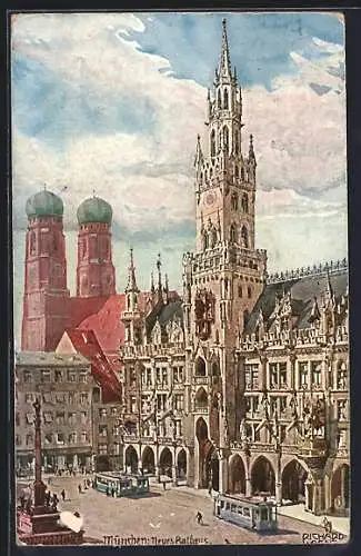 Künstler-AK Richard Wagner: München, Neues Rathaus m. Strassenbahnen
