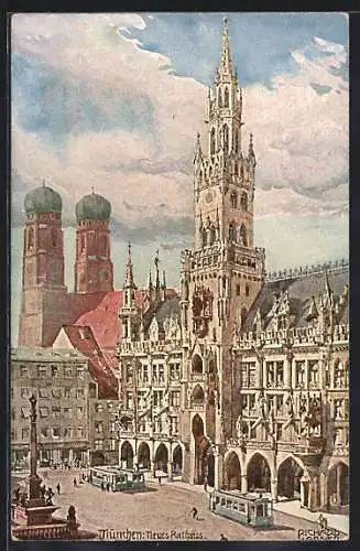 Künstler-AK Richard Wagner: München, Neues Rathaus m. Strassenbahnen