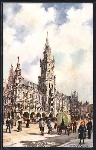 Künstler-AK Charles F. Flower: München, Strassenpartie mit Blick auf Neues Rathaus