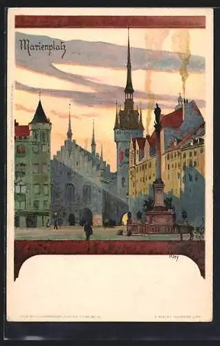 Künstler-AK Heinrich Kley: München, Sonnenaufgang über dem Marienplatz