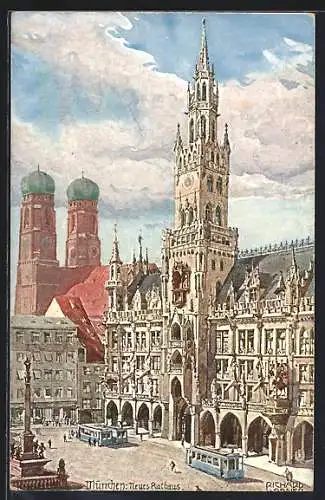 Künstler-AK Richard Wagner: München, Neues Rathaus m. Strassenbahnen