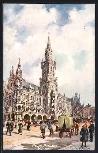 Künstler-AK Charles F. Flower: München, Strassenpartie mit Blick auf Neues Rathaus