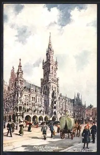 Künstler-AK Charles F. Flower: München, Strassenpartie mit Blick auf Neues Rathaus