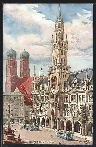 Künstler-AK Richard Wagner: München, Neues Rathaus m. Strassenbahnen