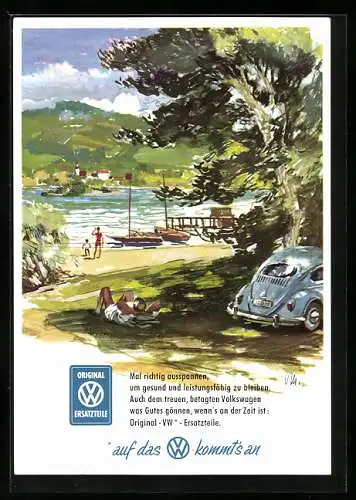 AK Familie hat ihren VW-Käfer am See geparkt