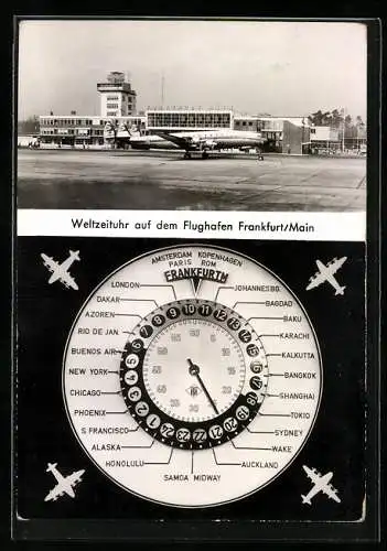 Foto-AK Weltzeituhr auf dem Flughafen Frankfurt /Main, Propellerflugzeug