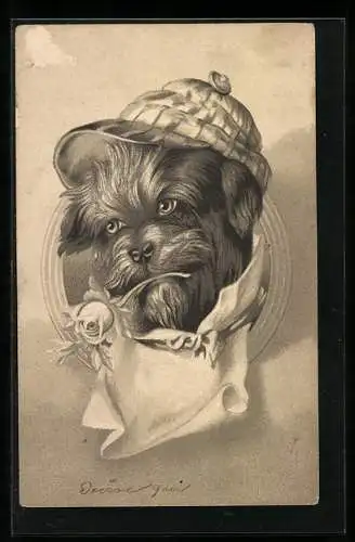 Lithographie Hund als Kavalier mit Rose