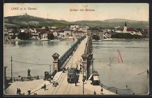 AK Linz a. d. Donau, Urfahr mit Brücke, Strassenbahn