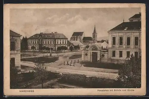 AK Marchegg, Hauptplatz mit Schule und Kirche