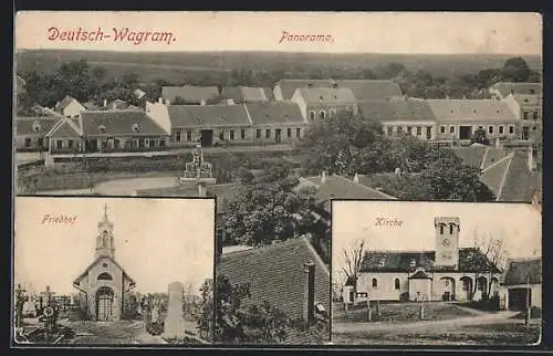 AK Deutsch-Wagram, Friedhof und Kapelle, Kirche, Panoramablick