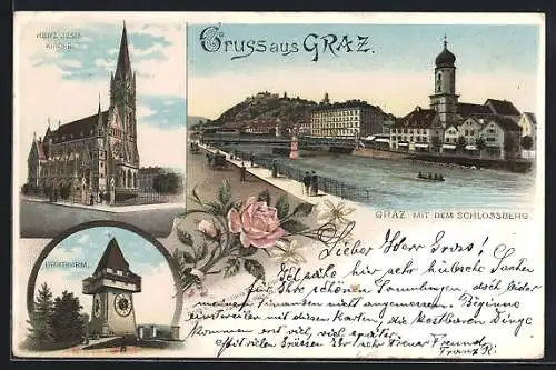 Vorläufer-Lithographie Graz, 1895, Herz Jesu-Kirche, Uhrturm, Flusspartie mit dem Schlossberg