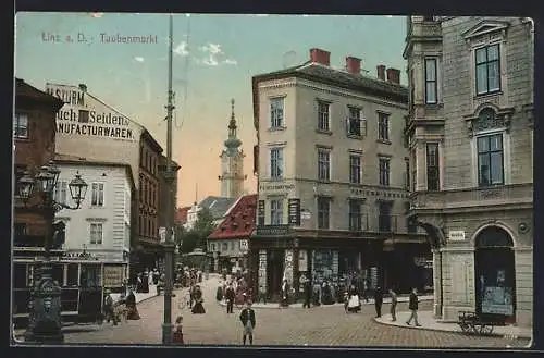 AK Linz a. D., Papier-Handlung F. Kirchmayr & Co. am Taubenmarkt