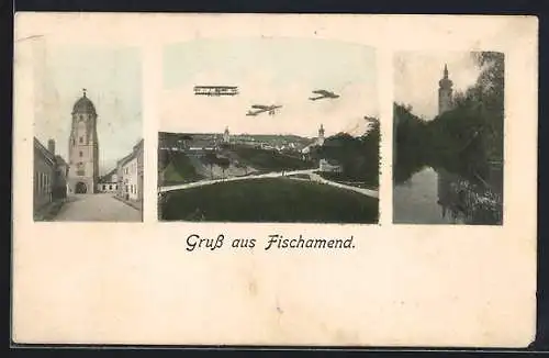 AK Fischamend, Ein- und Doppeldecker-Flugzeuge über der Ortschaft, Blick zur Kirche