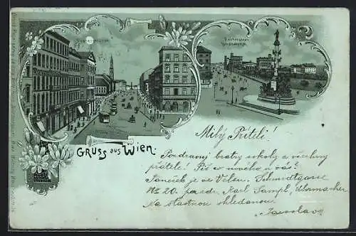 Mondschein-Lithographie Wien, Strassenbahn in der Praterstrasse, Praterstern und Nordbahnhof