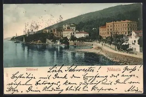 AK Abbazia, Ortspartie mit Blick auf Südstrand