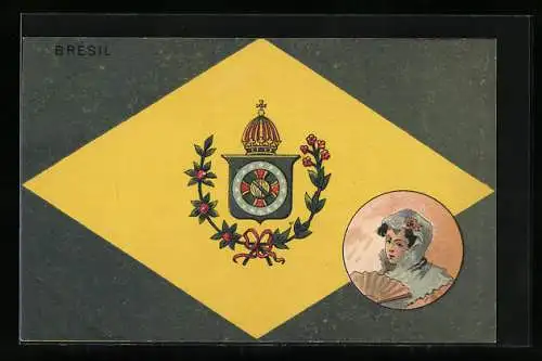 AK Brasilien, Flagge mit Wappen und Frauenportrait in Tracht