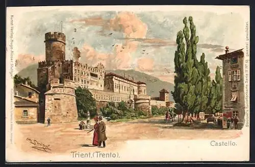 Künstler-Lithographie Otto Strützel: Trient, Castello, Pferdekutsche