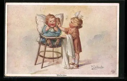 Künstler-AK Wally Fialkowska: Kleines Mädchen tröstet Schwester
