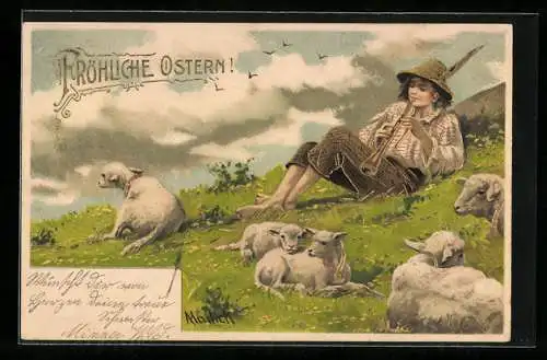 Künstler-AK Alfred Mailick: Fröhliche Ostern, Hirte spielt auf der Schalmei