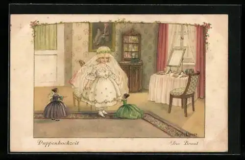 Künstler-AK Pauli Ebner: Puppenhochzeit, Puppe richtet Brautkleid zurecht