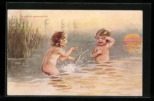 Künstler-AK Wally Fialkowska: Wie spielen Unterseeboot, Torpedoschuss, Nackedeie im See