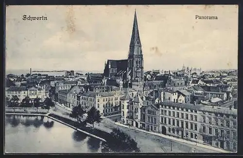 AK Schwerin / Mecklenburg, Panorama mit Kirche