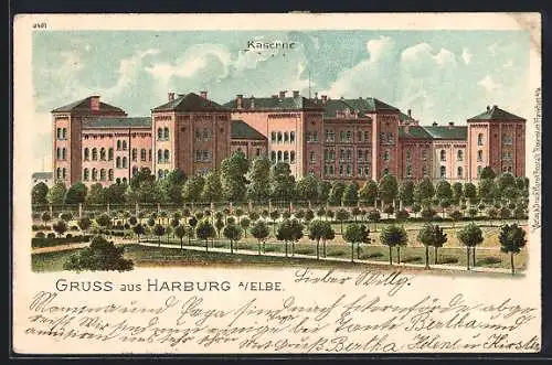 Lithographie Hamburg-Harburg, Blick auf die Kaserne