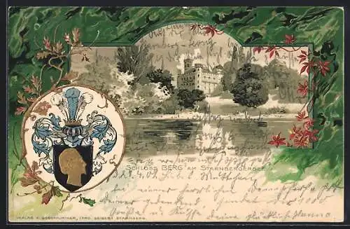 Passepartout-Lithographie Berg / Starnberger See, Schloss am Starnbergersee, Wappen