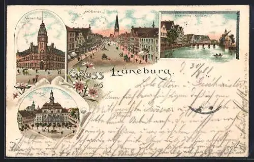 Lithographie Lüneburg, Kaiserl. Post, Rathaus, am Sande, Kuhlenhof und Kaufhaus