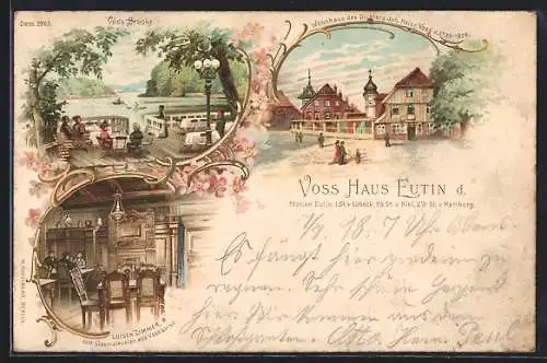 Lithographie Eutin, Luisen Zimmer m. Glasmalereien aus Voss Luise, Voss Brücke, Wohnhaus d.Dichters Voss