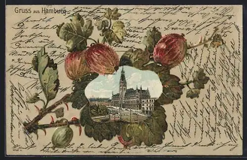 Passepartout-Lithographie Hamburg, Strassenbahnen vor dem Rathaus, Stachelbeeren