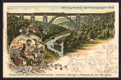 Lithographie Müngsten, Eisenbahnbrücke mit Zug, Schmied mit Schwert und Hammer