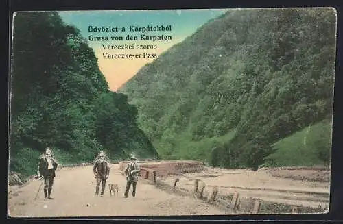 AK Vereczke-er Pass /Karpaten, Wandergruppe mit Hund