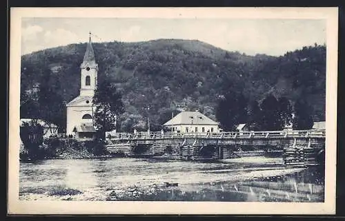 AK Rachov, Ortsansicht mit Brücke