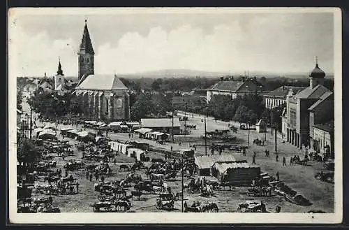 AK Sevlus, Pferdewagen vor der Kirche aus der Vogelschau