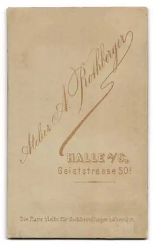 Fotografie Atelier A. Rothberger, Halle a. S., Geiststrasse 50, Portrait eines Mannes mit Schnurrbart