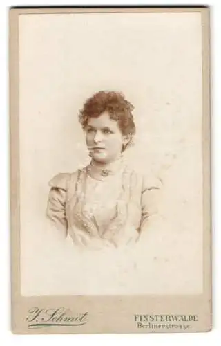 Fotografie J. Schmit, Finsterwalde, Berlinerstrasse, Portrait einer jungen Frau im feinen Kleid