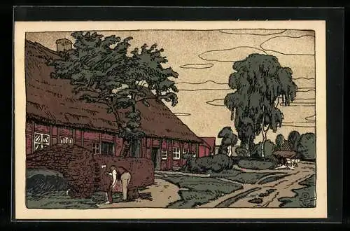 Steindruck-AK Lüneburg /Lüneburger Heide, Dorfkathe