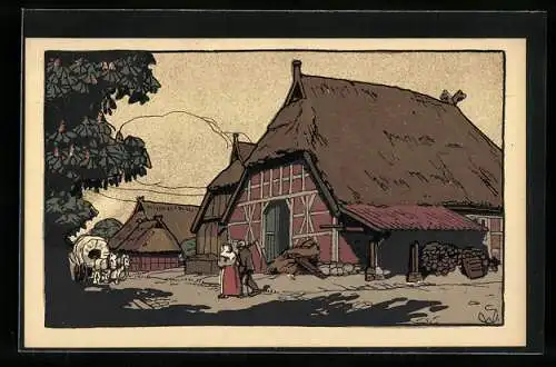 Steindruck-AK Lüneburg /Lüneburger Heide, Dorfstrasse mit Fachwerkhaus