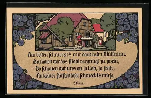 Steindruck-AK Am besten schmeckt`s mir doch beim Mütterlein..., Mann isst am Gartentisch