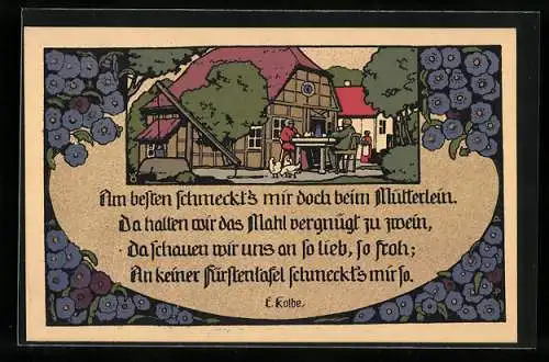 Steindruck-AK Am besten schmeckt`s mir doch beim Mütterlein..., Mann isst am Gartentisch